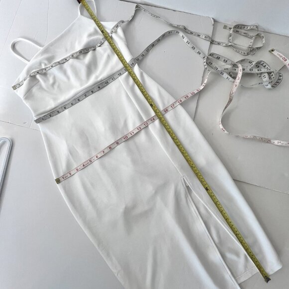 Sz M- NWT OWIN White Asymmetrical Neckline Side Split Sexy Bodycon‎ Midi Dress - Picture 15 of 15